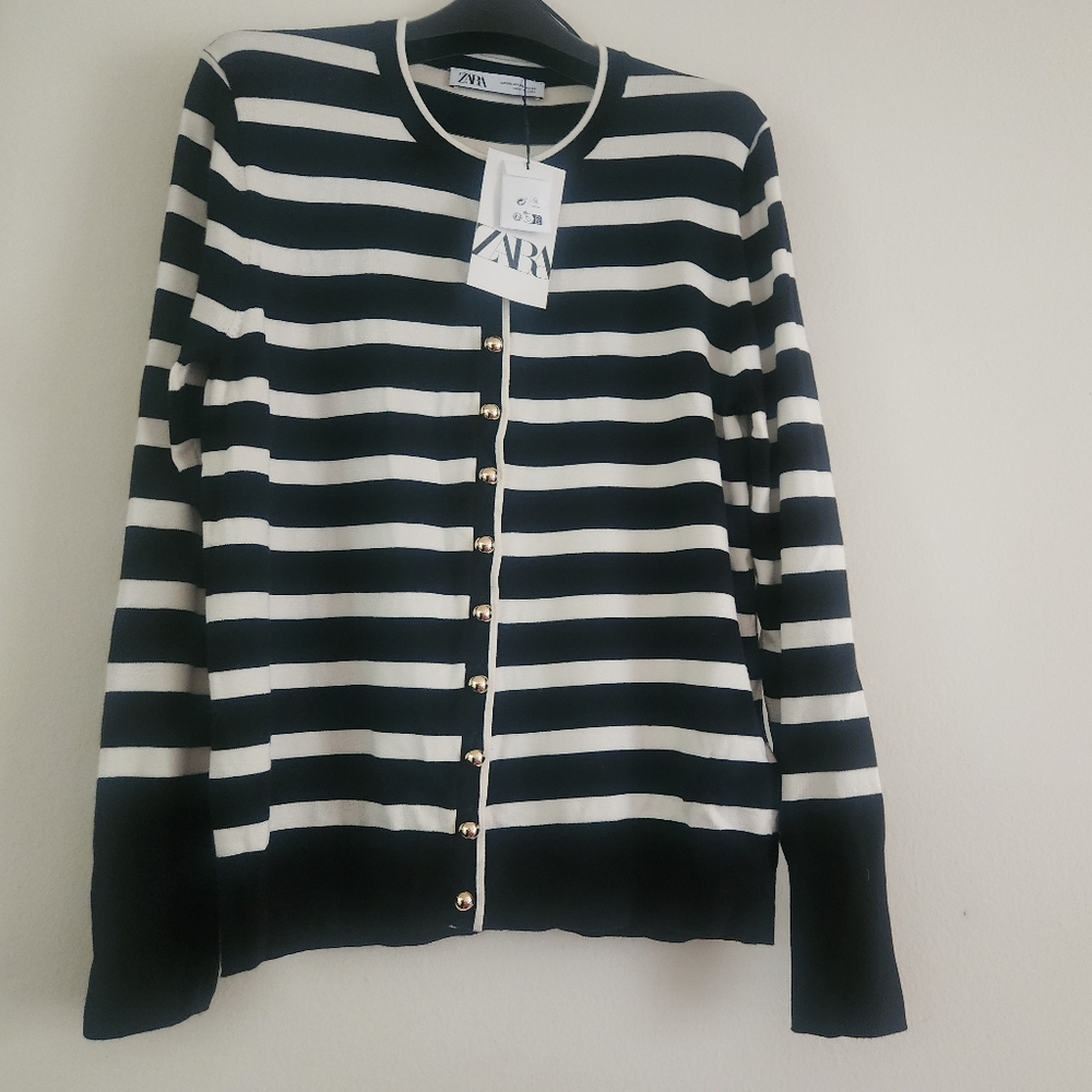 Zara Stripped knit cardigan Sweater Navy and white stripes Sz XXL BNWT